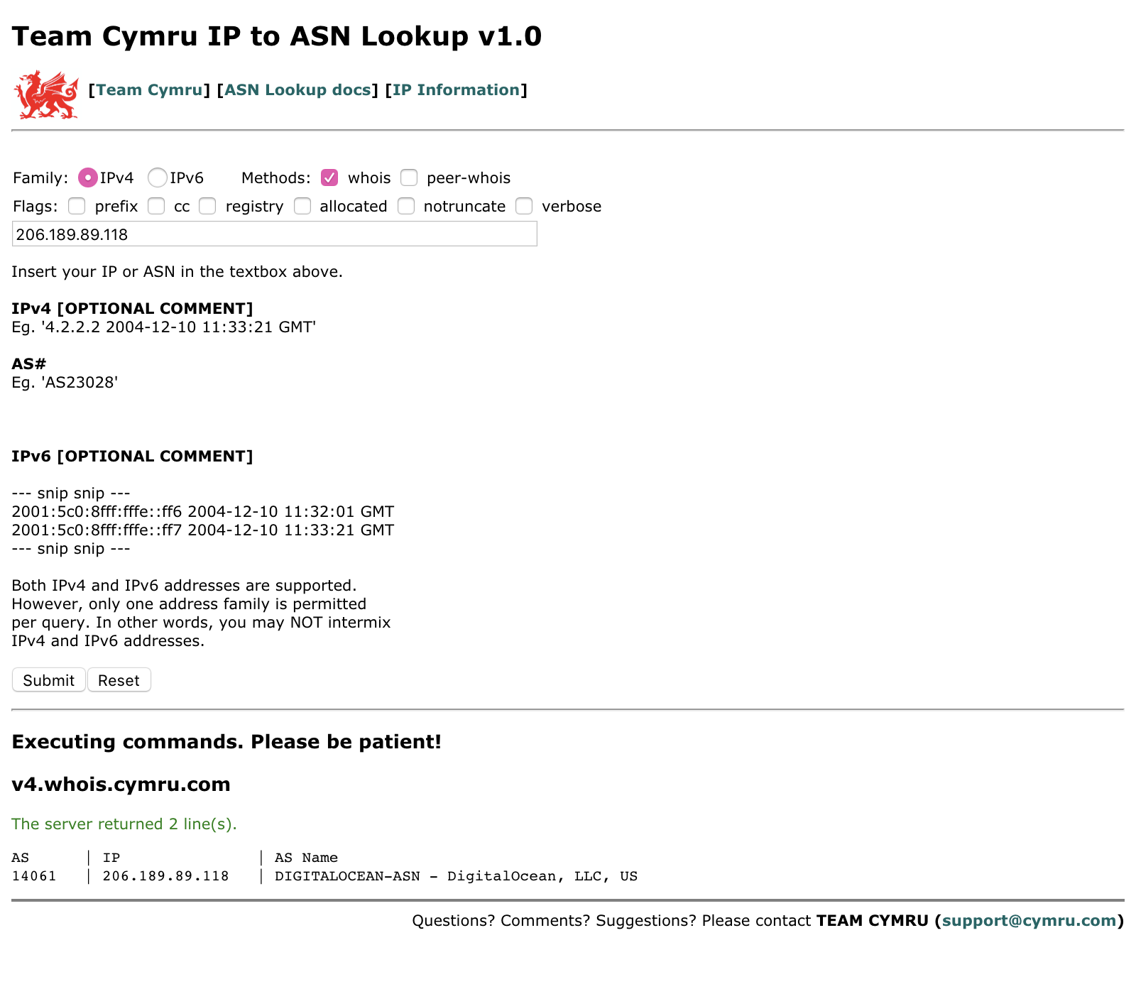 Team Cymru IP to ASN Lookup website