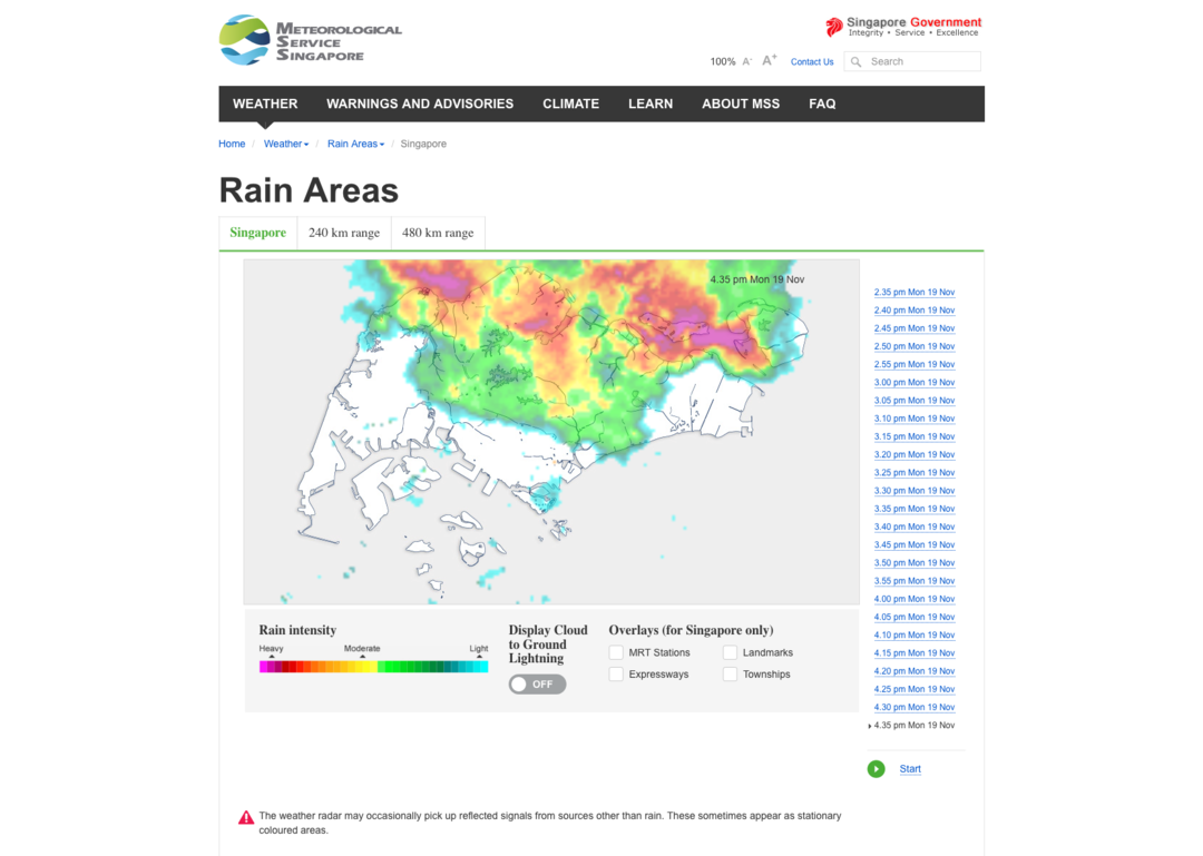 Screenshot of the rain areas page on the MSS website