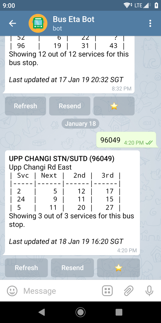 Screenshot of a conversation with Bus Eta Bot on Telegram showing bus arrival times for a bus stop.
