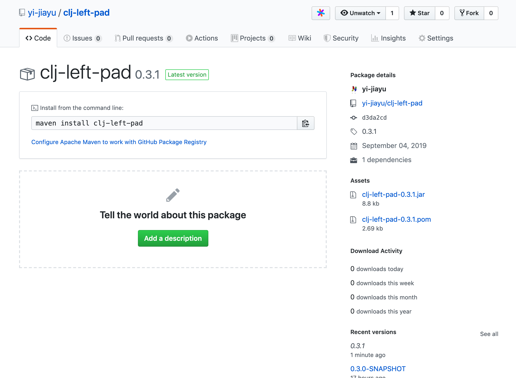 GitHub repository packages section for the newly-deployed package.