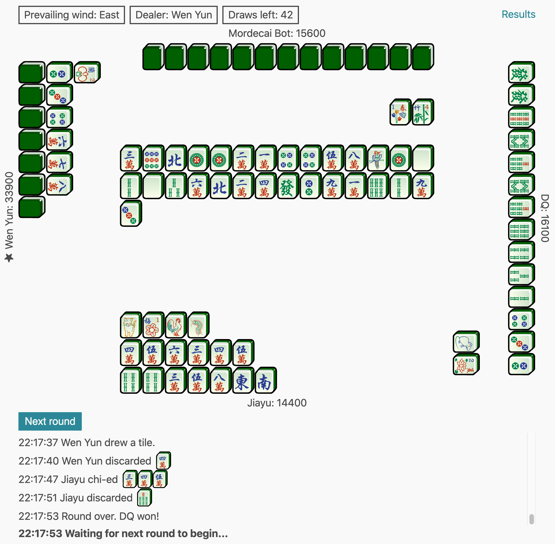 Screenshot of a mahjong party game in progress